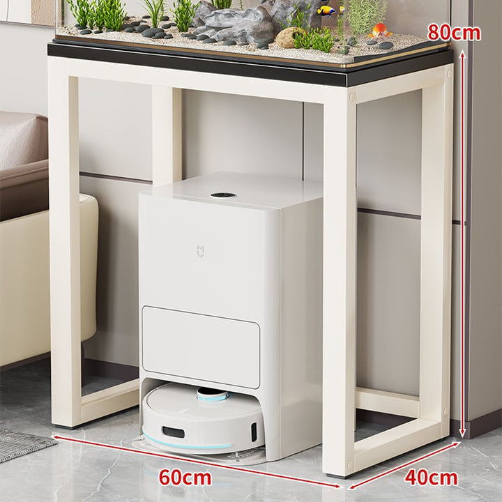 Gold Metal Aquarium Console Table with Faux Marble Top and Robot Vacuum Storage