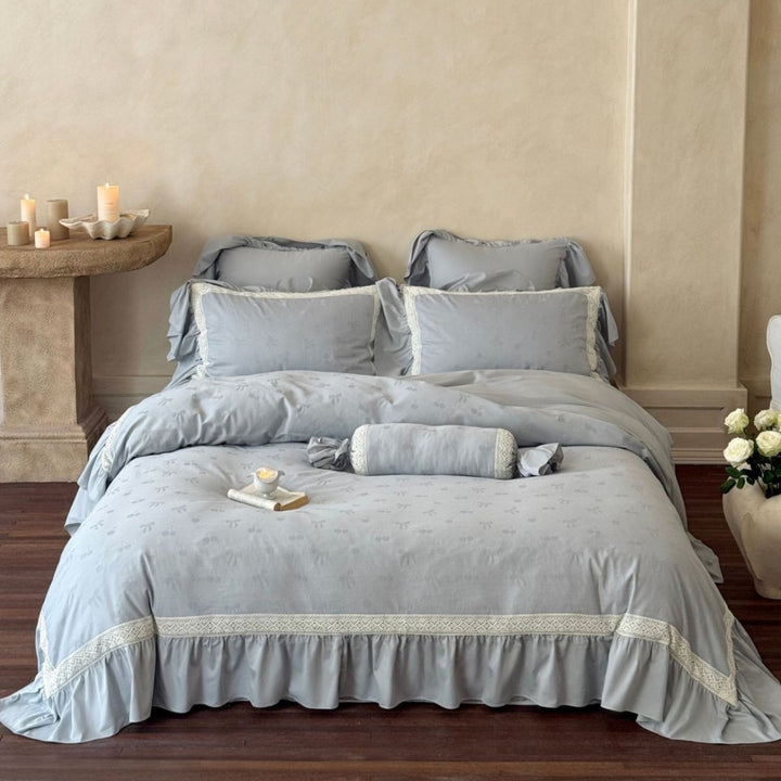 Linen-Blend Jacquard Floral Duvet Cover Set with Ruffled Hem and Decorative Bolster