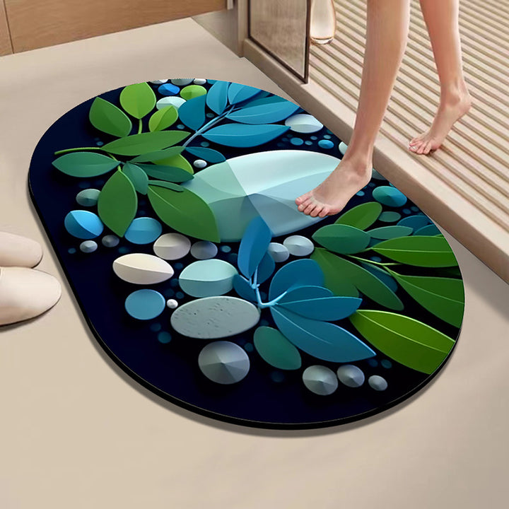 Artistic Leaf and Stone-Themed Bath Mat