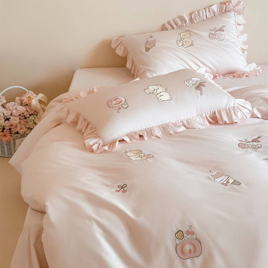 Ruffled Embroidered Duvet Cover Set with Cartoon Bear & Dessert Motifs