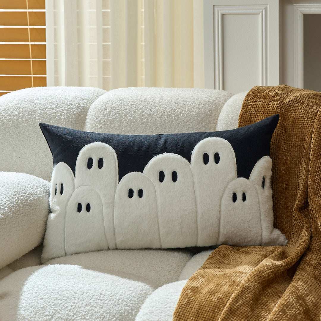 Tufted Chenille Ghost Appliqué Square Cushion Cover with Hidden Zipper