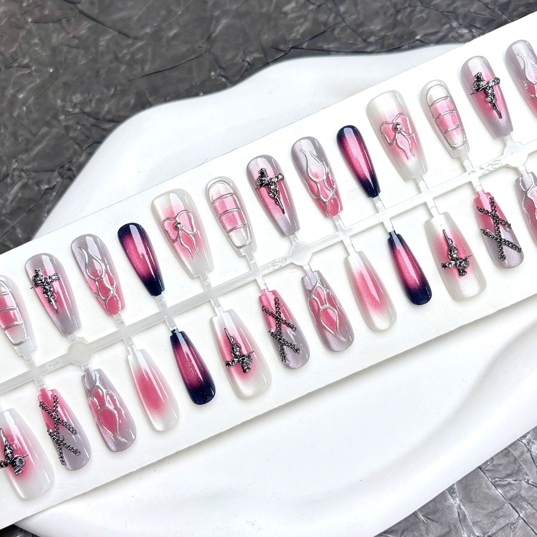 Decorative Press-On Nail Set with Ombre and Glitter Effects