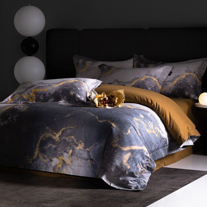 Marble-Effect Cotton Sateen Duvet Cover Set with Pillow Shams and Hidden Zipper
