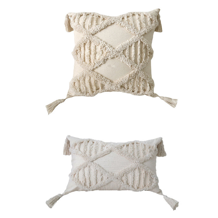 Artisanal Tufted Pom-Pom Cotton Square & Lumbar Tassel Accent Pillow Set with Removable Covers
