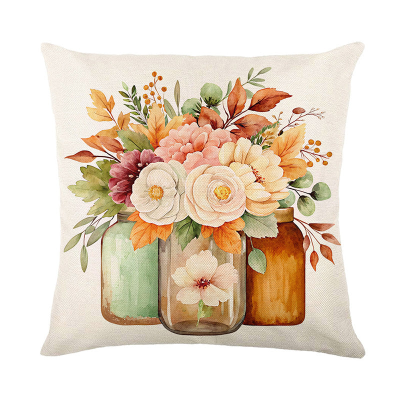 Autumn Watercolor Floral Cotton-Linen Throw Pillow Cover with Script 'Fall'