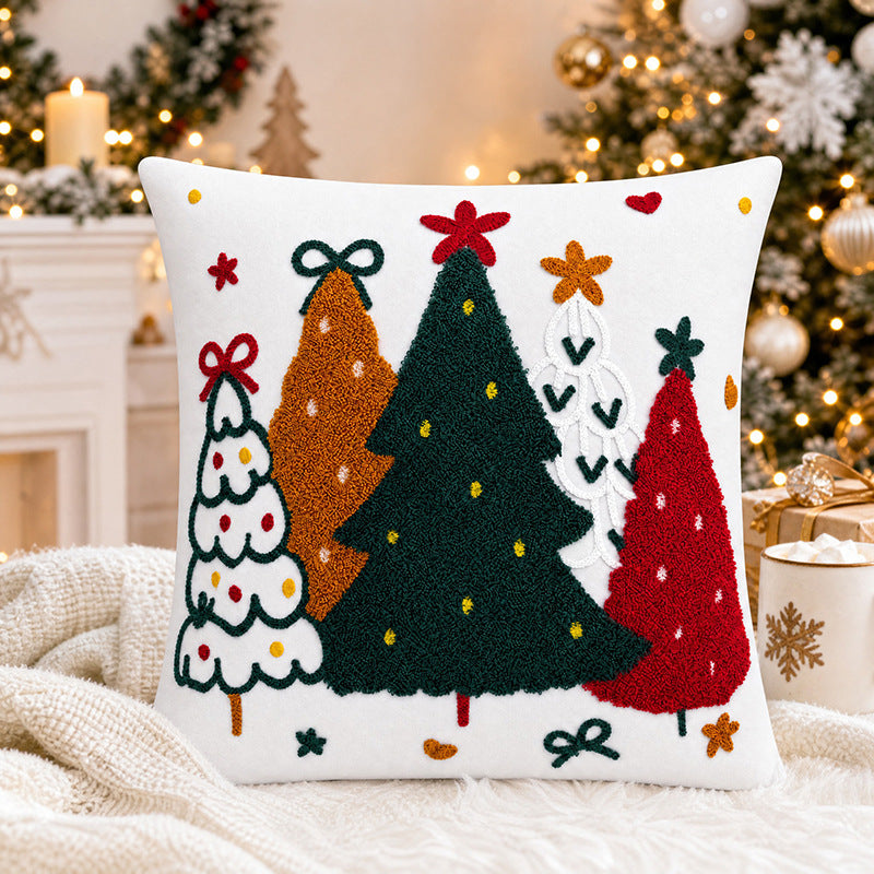 Festive Embroidered Christmas Throw Pillow Cover with Tufted Tree Appliqué