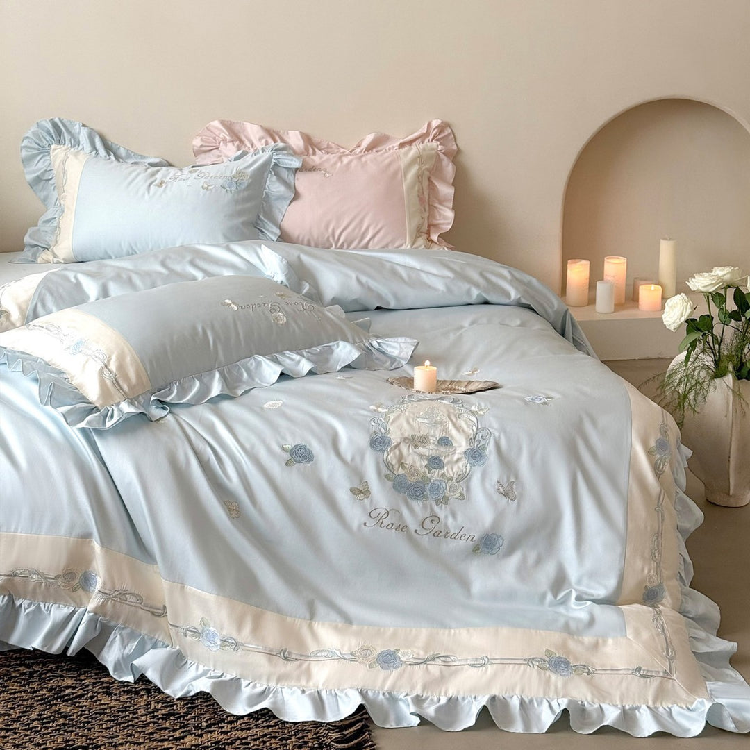 Rose-Embroidered Satin-Blend Ruffled Duvet Cover Set with Lace-Inset Border & Matching Shams