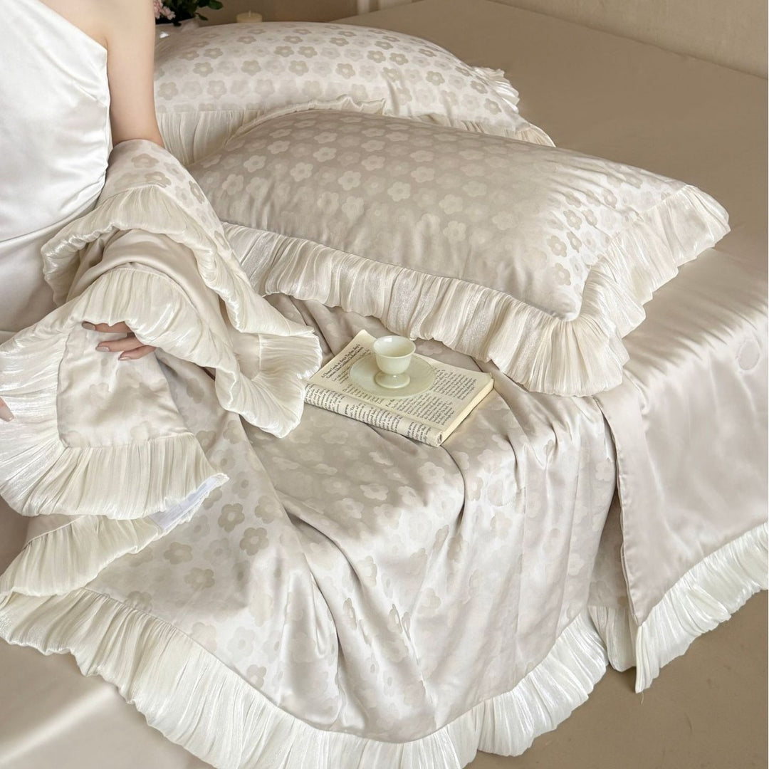 Satin comforter set with pleated ruffles and fine jacquard floral texture
