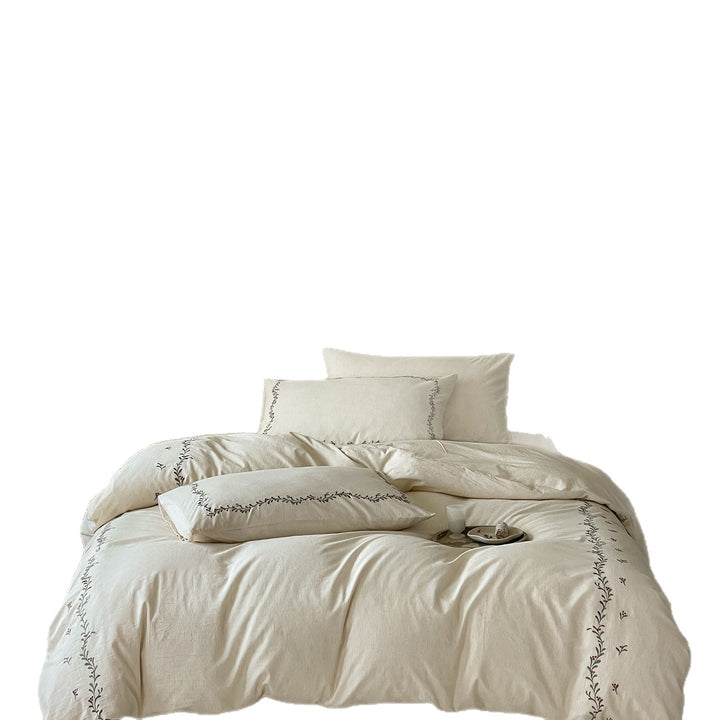 Embroidered Organic Cotton Duvet Cover Set with Botanical Vine Stitching