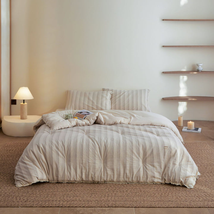 Washed Linen-Blend Striped Comforter & Sham Set with Reversible Lightweight Fill