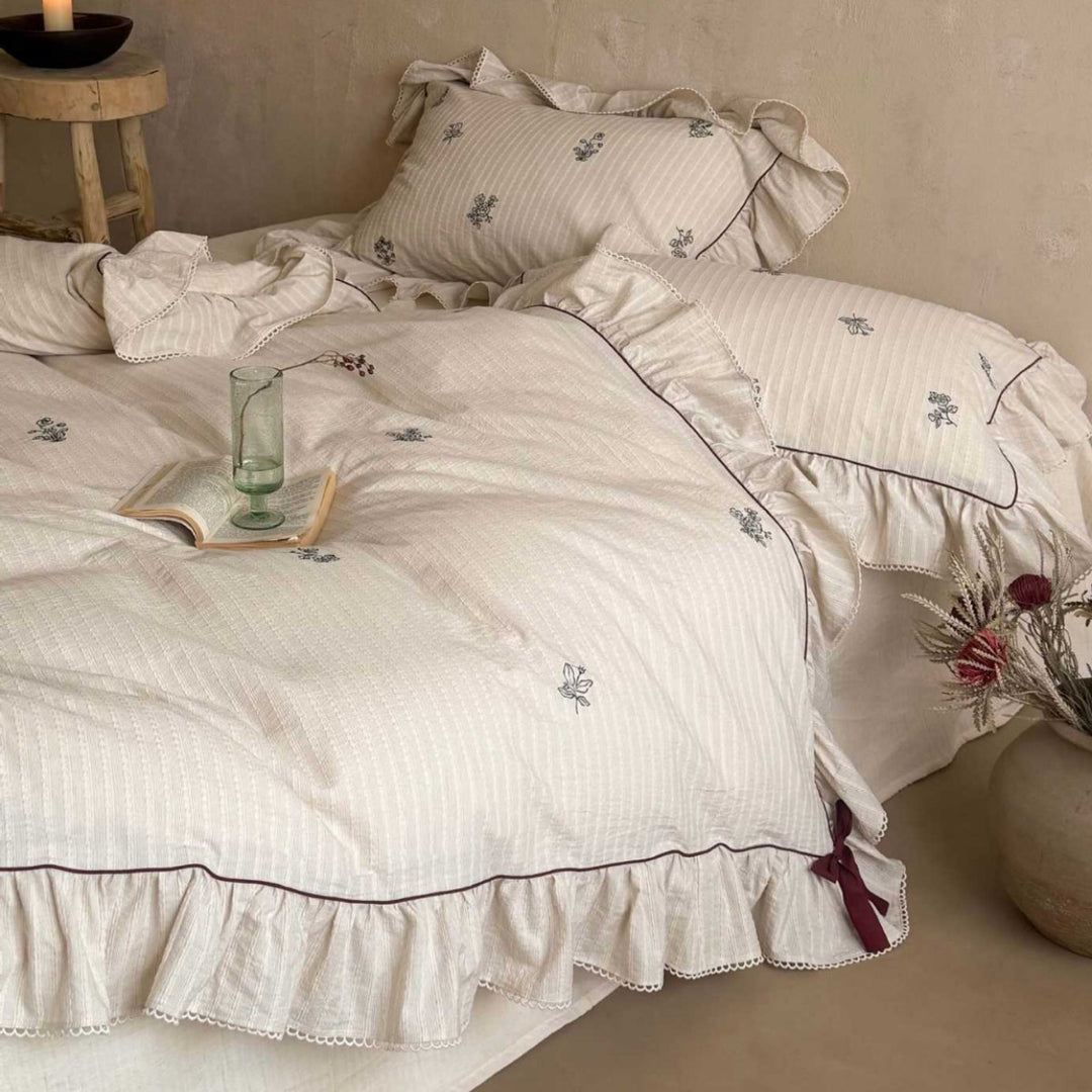 Ruffled Embroidered Cotton-Linen Duvet Cover Set with Pillow Shams and Decorative Bow Hem