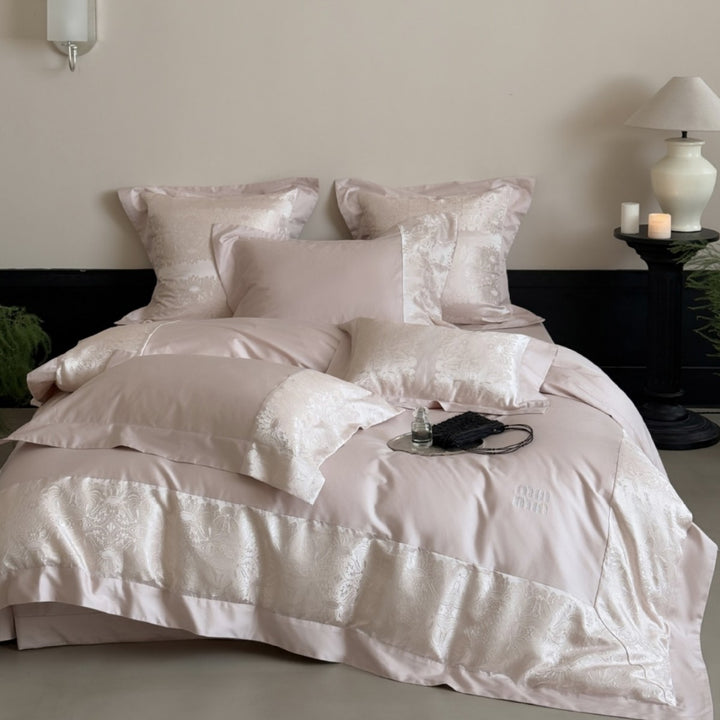 Satin Jacquard Damask Duvet Cover Set with Wide Decorative Border