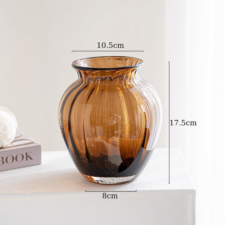 Handblown Ribbed Smoky Glass Bulb Vase with Narrow Neck Stornfield