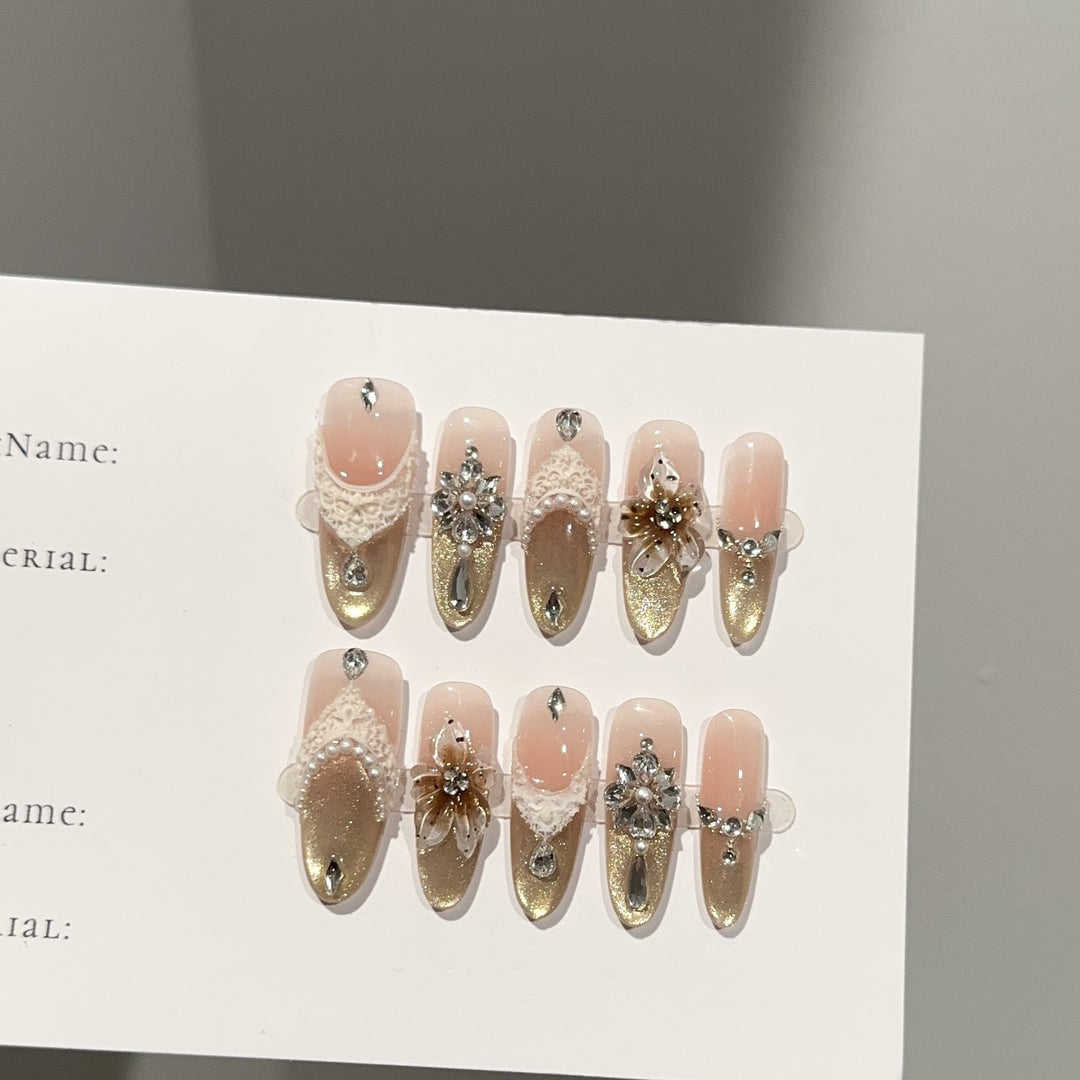 Elegant Rhinestone and Lace Press-On Nail Set