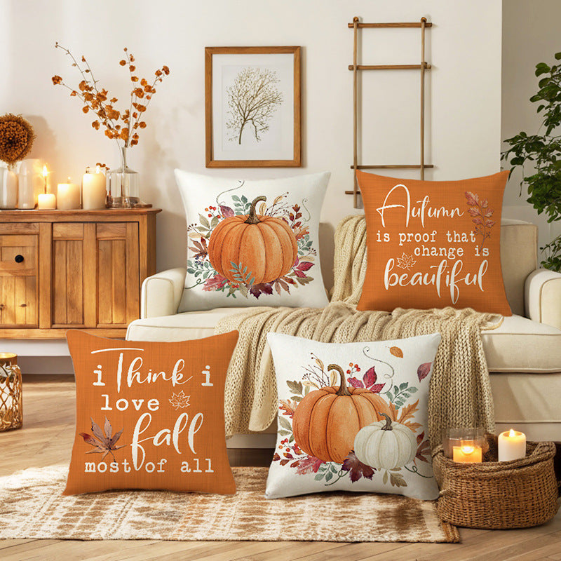Autumn Linen Accent Throw Pillow with Seasonal Script Print