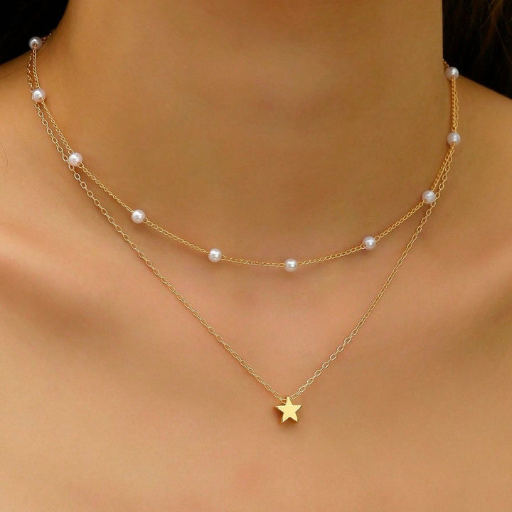 Layered Pearl and Star Pendant Necklace Stornfield
