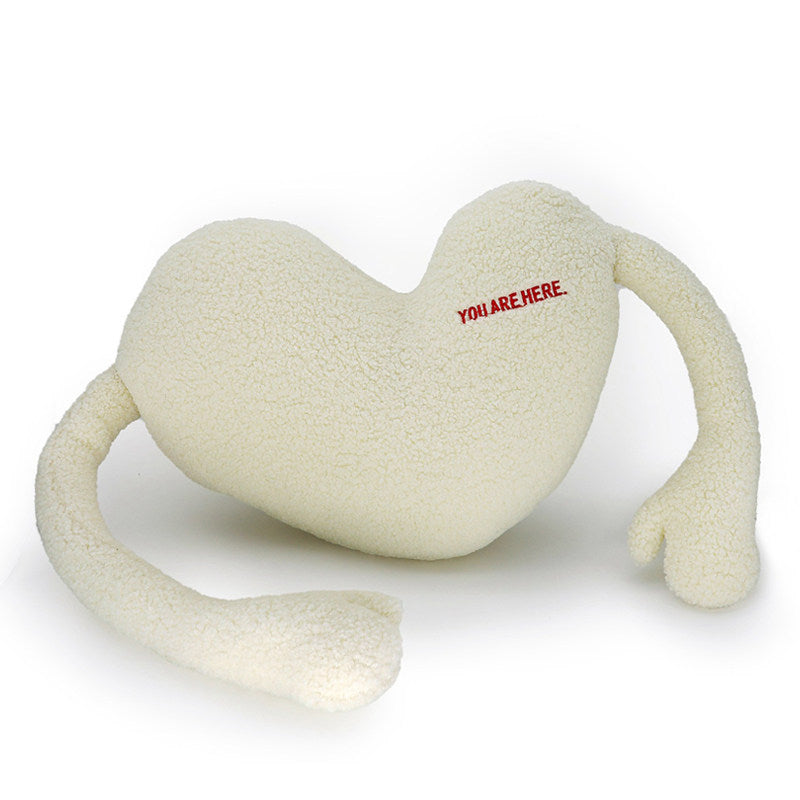 Cuddle pillow in heart shape with extra long arms made of sherpa fleece and embroidery detail