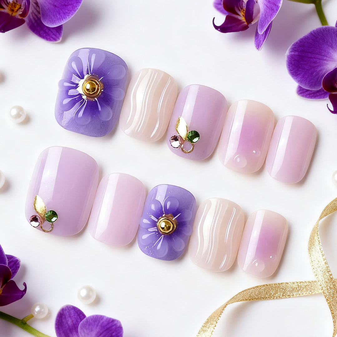 Elegant Decorative Press-On Nail Set with Floral and Gem Accents Stornfield