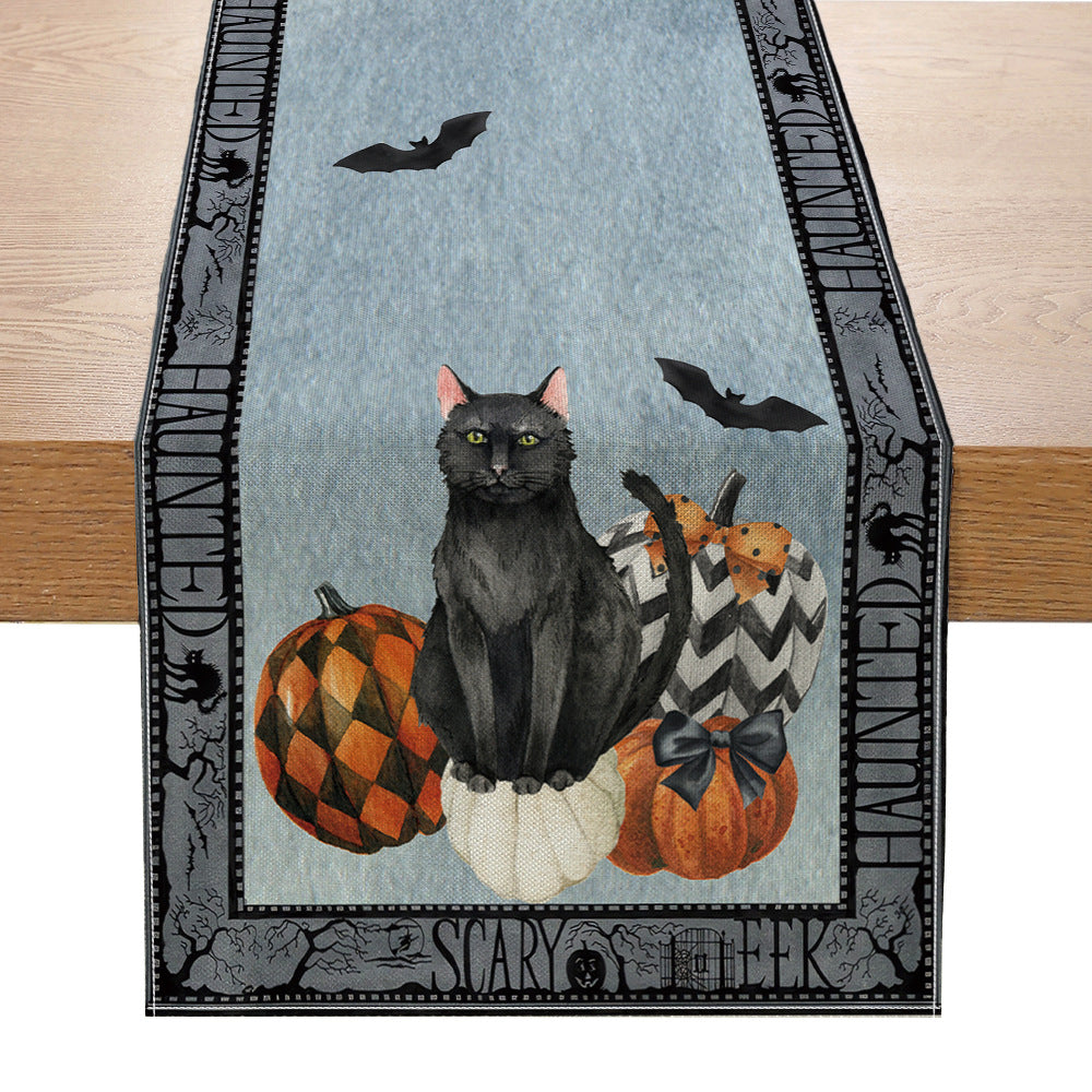 Halloween Cotton-Linen Table Runner with Sitting Cat and Pumpkin Illustration Decorative Border