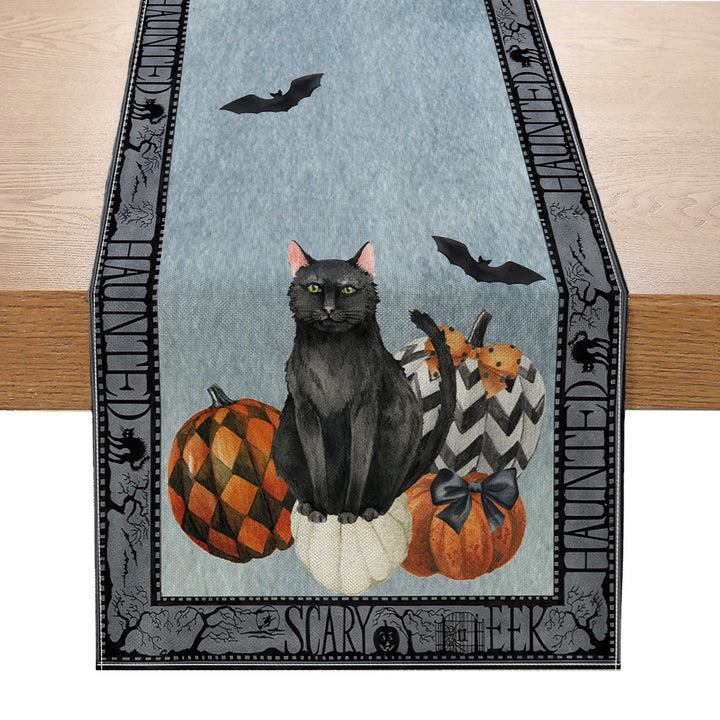 Halloween Cotton-Linen Table Runner with Sitting Cat and Pumpkin Illustration Decorative Border