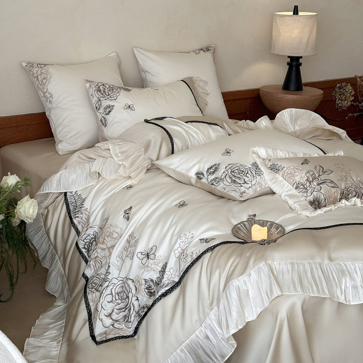 Embroidered Ruffled Satin-Look Duvet Cover Set with Floral & Butterfly Motif