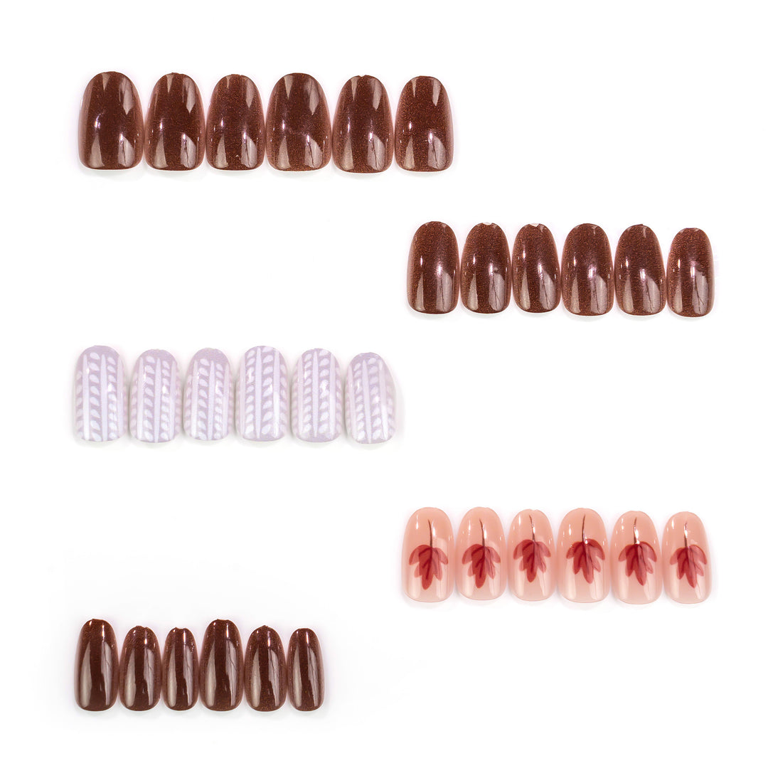 Artistic Press-On Nail Art Set with Leaf and Geometric Patterns Stornfield