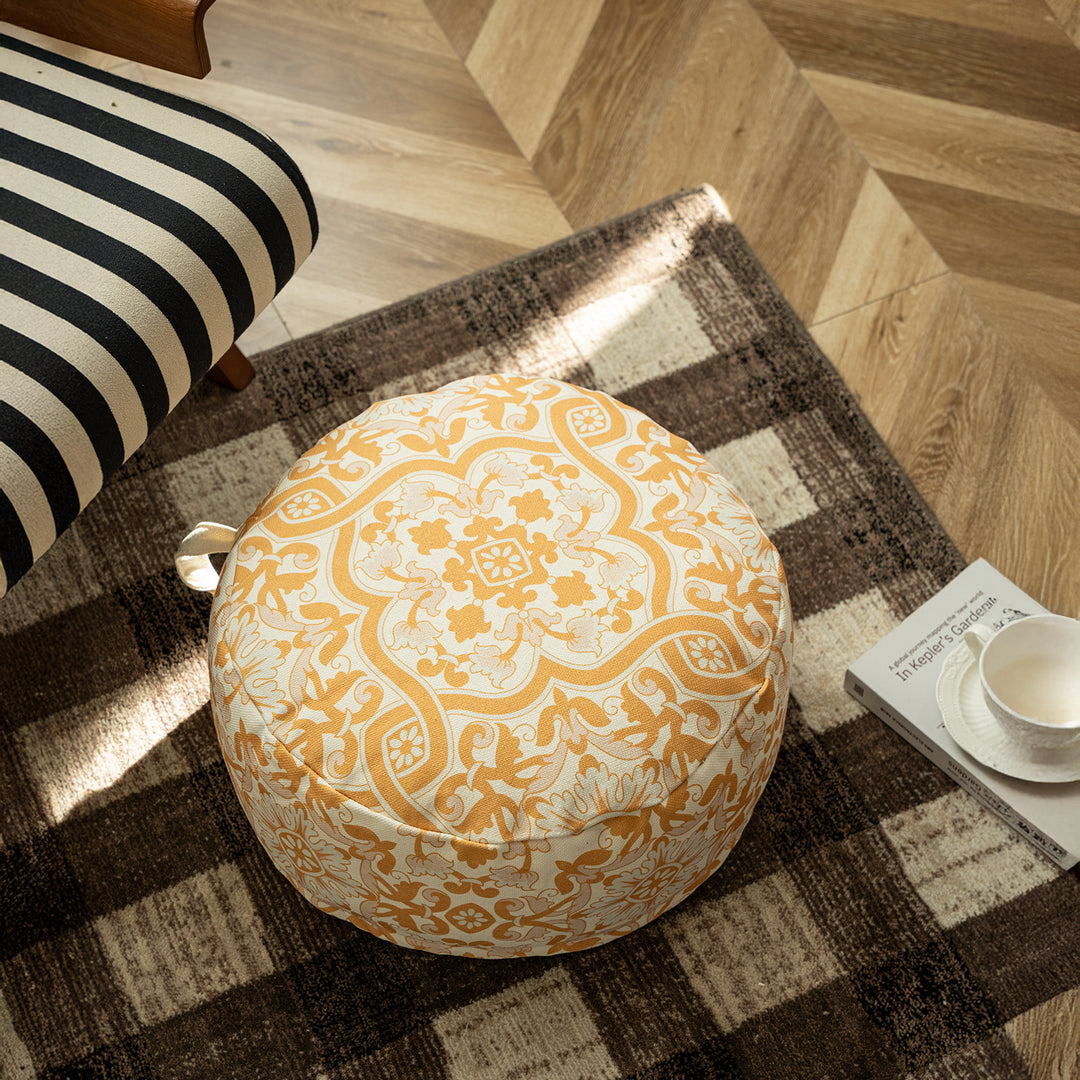 Beef floor seat pouf with handle and patterned canvas cover