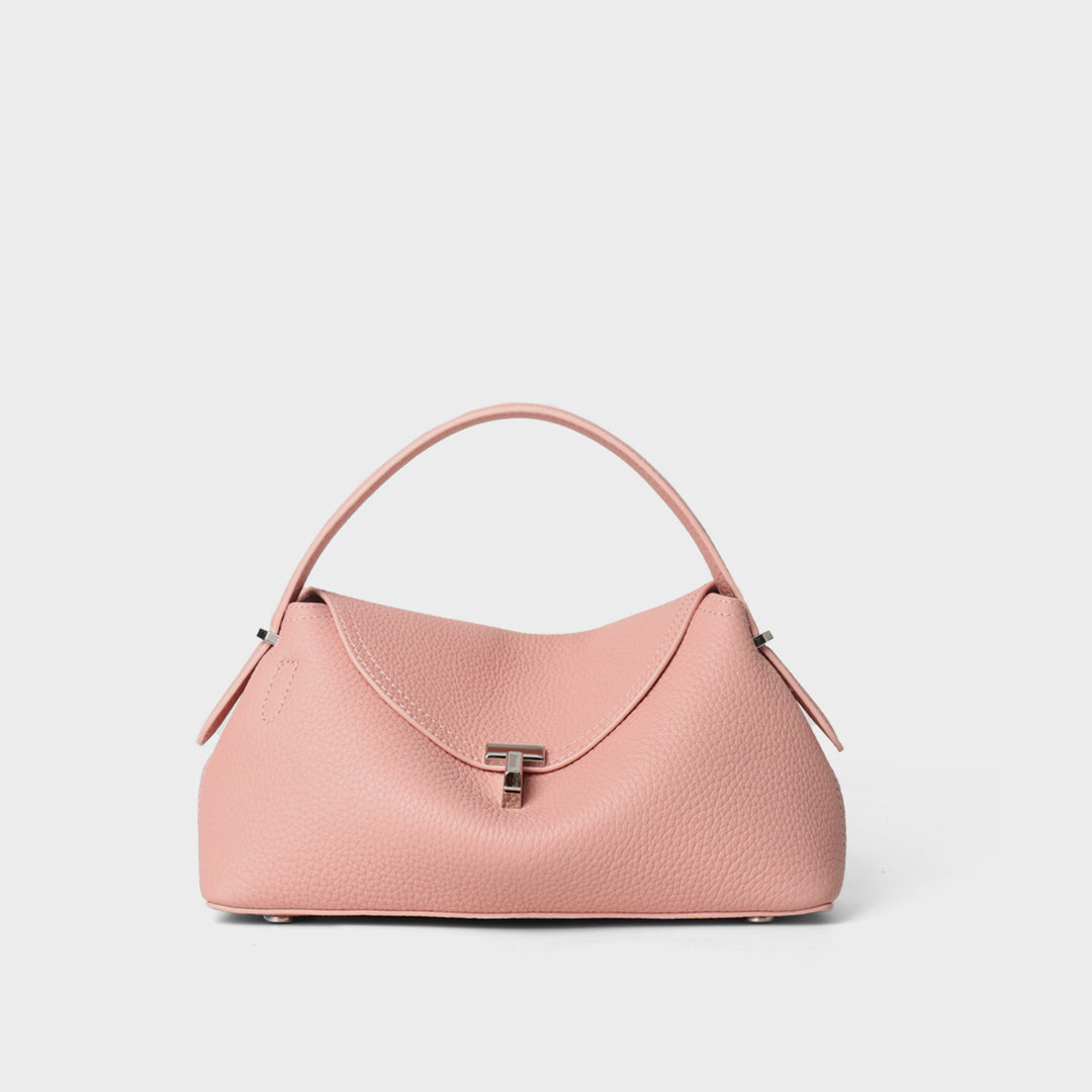 Curved Envelope Top-Handle Pebbled Satchel with Removable Crossbody Strap