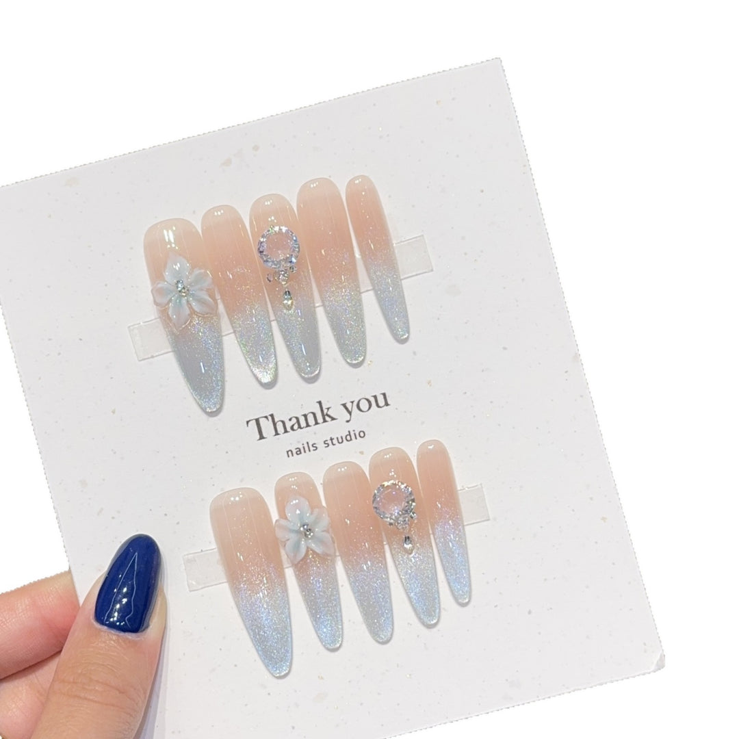Artificial Nails Set with Shimmering Ombre Effect and Floral Accents Stornfield