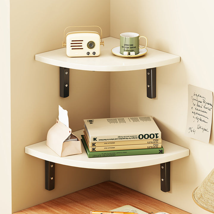 Corner Floating Wall Shelf with Curved Triangular Wooden Top and Heavy-Duty Metal Brackets