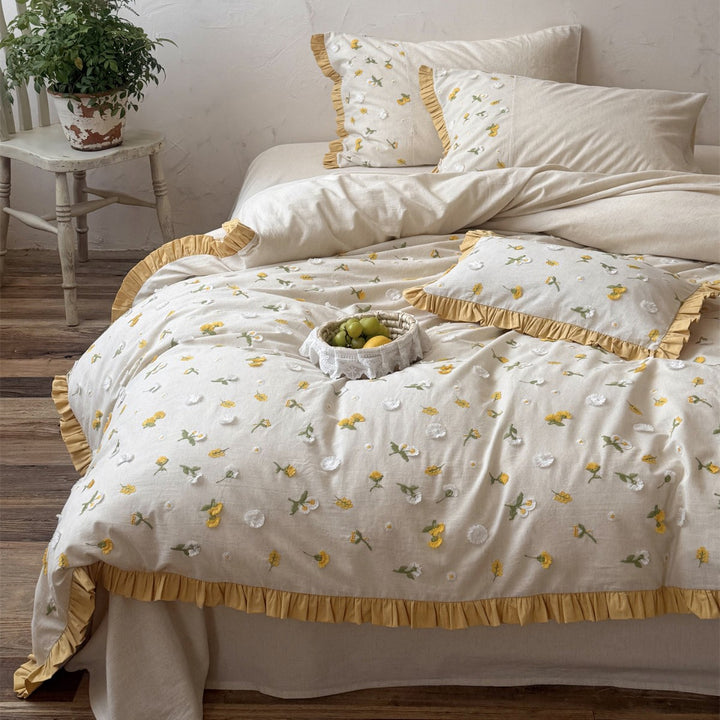 Embroidered Cotton-Linen Duvet Cover Set with Ruffled Hem and Decorative Sham