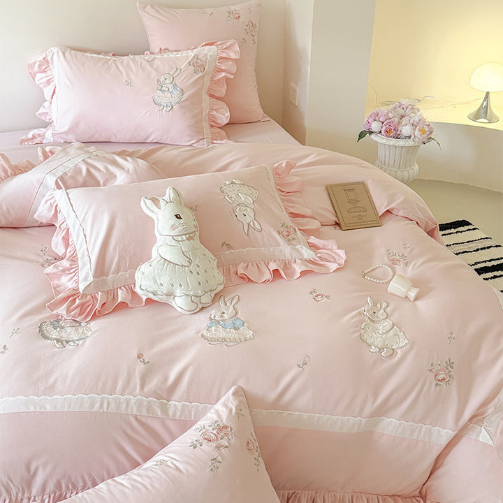 Ruffled Appliqué Embroidered Bunny Duvet Cover and Sham Set