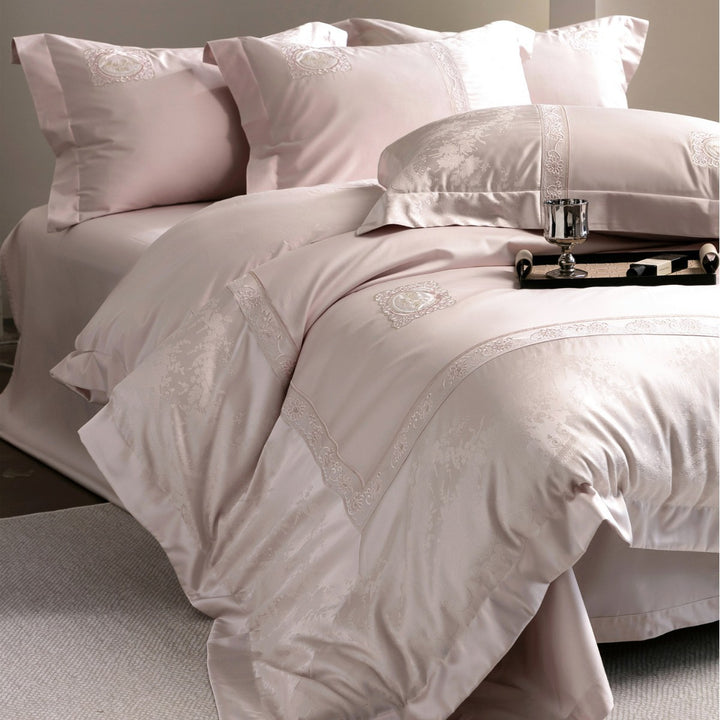 Luxurious Embroidered Satin-Jacquard Duvet Cover Bedding Set with Medallion and Lace Border