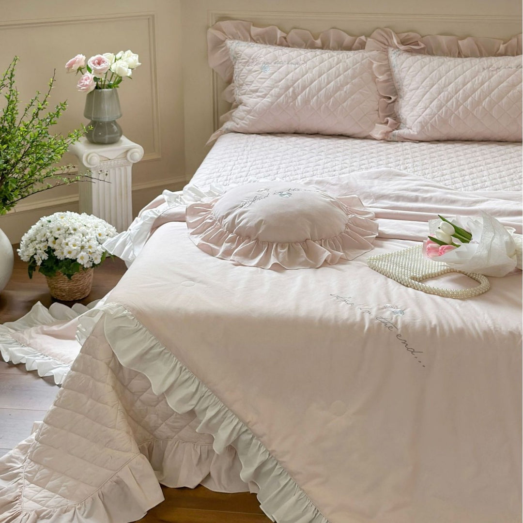Ruffled Quilted Bedspread Ensemble with Euro Sham, Round Ruffle Accent Pillow & Embroidered Detail
