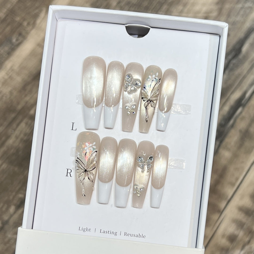 Elegant Press-On Nail Art Set with Butterfly and Jewel Accents Stornfield