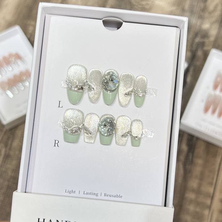 Glamorous Reusable Press-On Nail Set with Gemstone Accents Stornfield