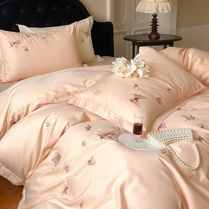Embroidered Butterfly Cotton-Sateen Duvet Cover Set with Luxury Satin Finish