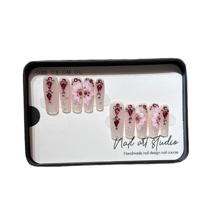 Floral-Themed Press-On Nail Set with Gemstone Accents Stornfield