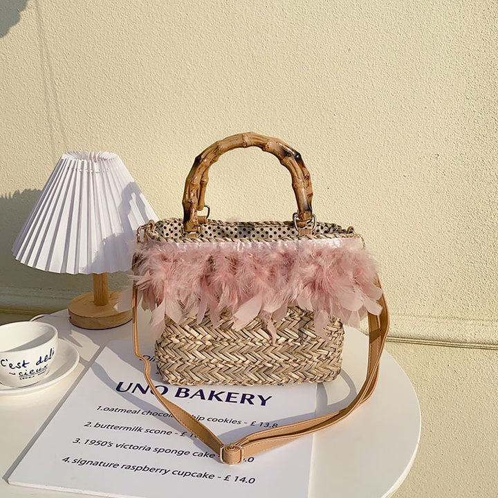 Elegant handbag with feathers and bamboo handles Stornfield