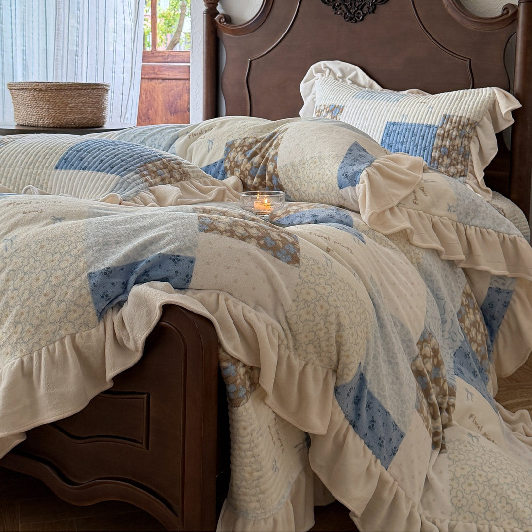 Floral Quilted Ruffled Duvet Cover Set with Gathered Pillow Shams
