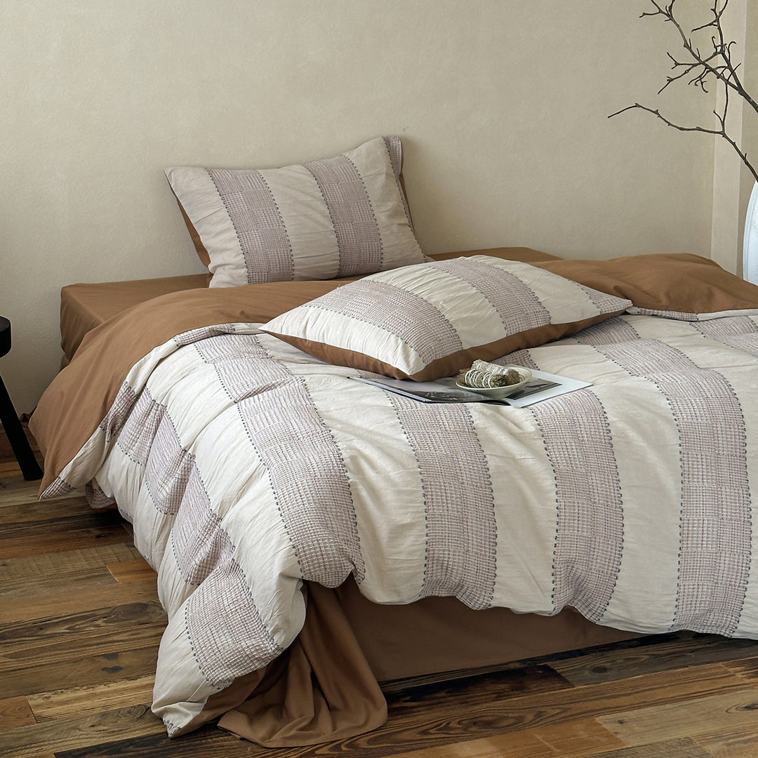 Luxury Washed Cotton-Linen Duvet Cover Set with Woven Stripe Accents