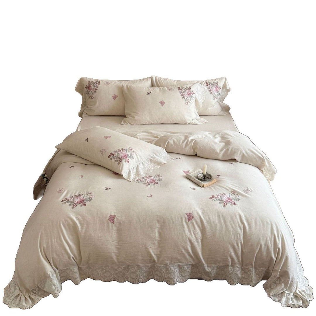 Romantic Linen-Blend Floral Embroidered Duvet Ensemble with Lace Scallop Hem and Decorative Pillow Shams