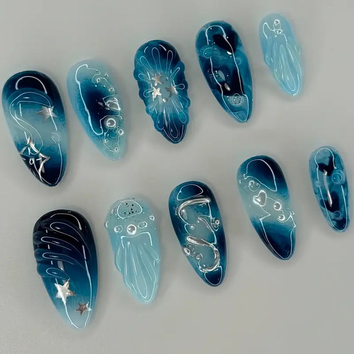Artistic Ocean-Themed Press-On Nail Art Stornfield