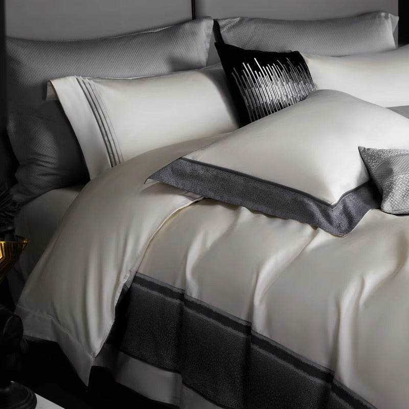Hotel-Style Silky Sateen Duvet Ensemble with Contrast Textured Border and Euro Shams