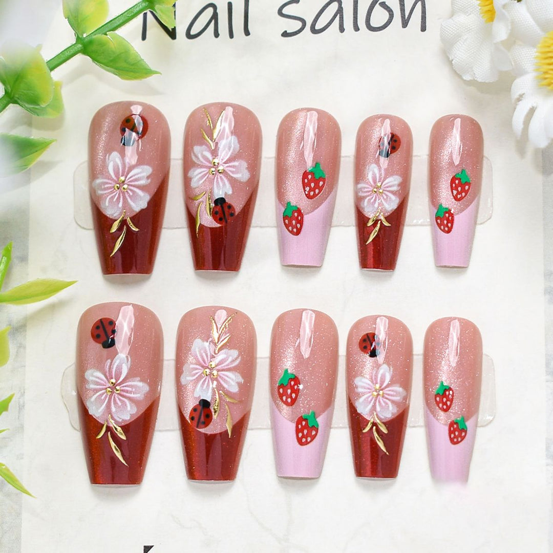 Artistic Press-On Nail Set with Cherry Blossom Design Stornfield