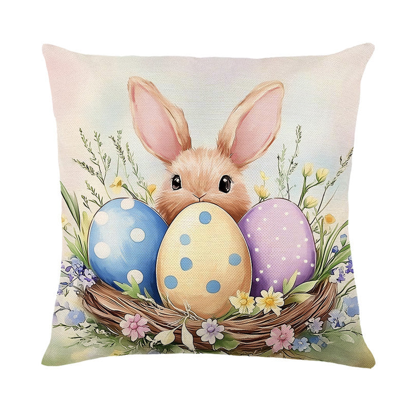 Square Cotton-Linen Decorative Throw Pillow Cover with Easter Bunny Script Print