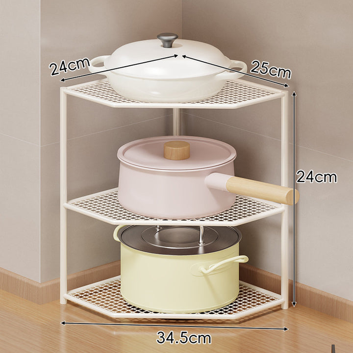 Corner Three-Tier Hexagonal Metal Mesh Kitchen Pot and Pan Organizer Rack