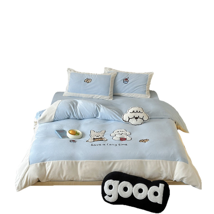 Cartoon-Embroidered Cotton Duvet Cover Bedding Set with Plush Patch