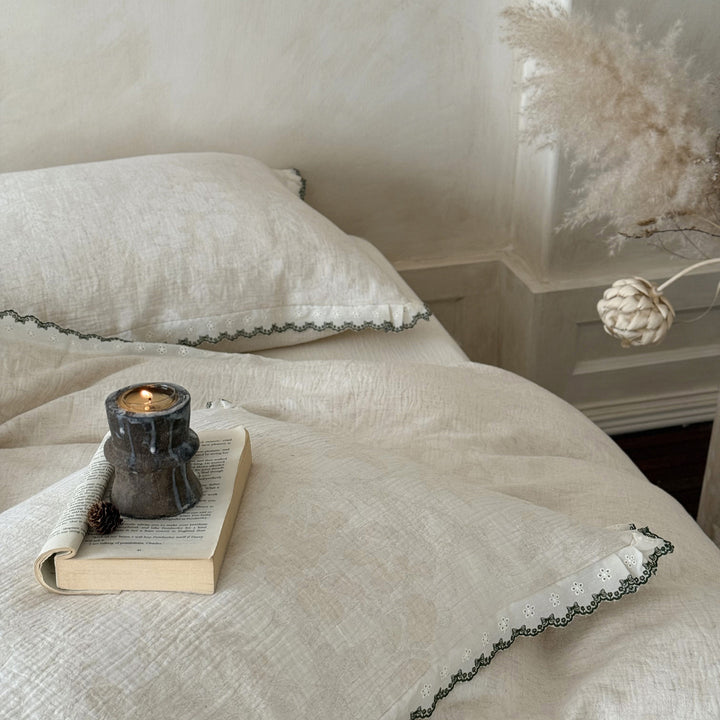 Washed Linen Duvet Cover Set with Scalloped Crochet Trim and Frayed-Edge Pillow Shams