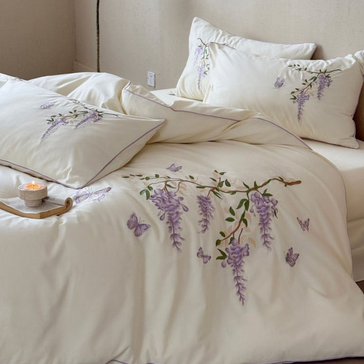 Reversible Silk-Effect Embroidered Wisteria Duvet Cover Set with Piped Shams